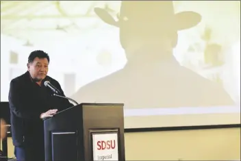  ?? ELIZABETH MAYORAL CORPUS PHOTO ?? Juan Carlos Ramírez-Pimienta, PhD, introduced the “Los Tigres del Norte: Stories to Tell” documentar­y, as screened at the SDSU-IV Library, Wednesday, February 22, in Calexico.