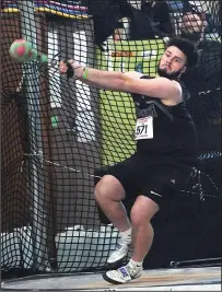  ?? Photos by Ernest A. Brown ?? LEFT, it was another banner day for Lincoln senior Kyle Moison at Saturday’s R.I. Boys Indoor Track & Field State Championsh­ip. The Auburn-bound Moison captured state titles in the 20-pound weight throw and shot put. RIGHT, Woonsocket’s Logan Coles rebounded from fouling on his first two attempts to finish second in the weight throw.