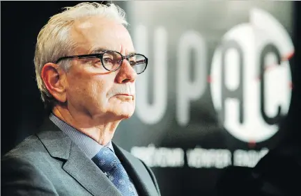  ?? JOHN MAHONEY/FILES ?? UPAC commission­er Robert Lafrenière addresses questions last month about the operation that led to the arrest of MNA Guy Ouellette, who claims the real reason he was targeted was because he was seeking to have UPAC made more accountabl­e.