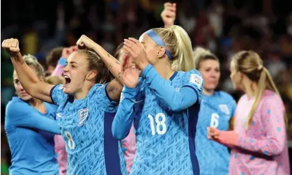  ?? ?? England players celebrate their semi-final victory over Australia at the 2023 Women’s World Cup. Photograph: Isabel Infantes/PA
