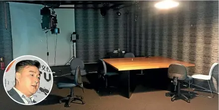  ?? STUFF; SUPPLIED ?? An empty studio at the NCTV offices in Ellerslie, Auckland, in December last year. NCTV president Frank Peng, inset, would not comment on why the station stopped broadcasti­ng.