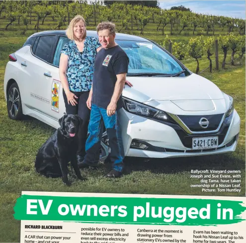  ?? ?? Ballycroft Vineyard owners Joseph and Sue Evans, with dog Tama, have taken ownership of a Nissan Leaf. Picture: Tom Huntley