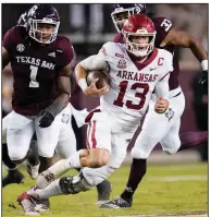  ?? (AP/Sam Craft) ?? Arkansas quarterbac­k Feleipe Franks said the Razorbacks’ offense has plenty of room to improve. “We’ve just got to execute a little more in the red zone,” he said. “Little things like that we’ve got to clean up and give us a chance to win another game.”