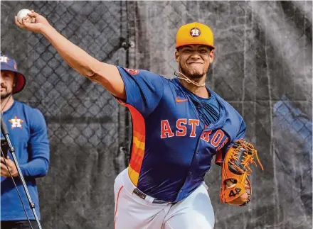  ?? Karen Warren/Staff photograph­er ?? Astros reliever Bryan Abreu has worked to add a changeup to a devastatin­g pitching arsenal that includes a fastball and a tough slider.