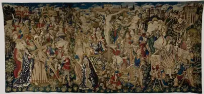  ??  ?? Gobeläng med Kristusmot­iv i ylle och siden av Van Eyck, ungefär 1445–1455.