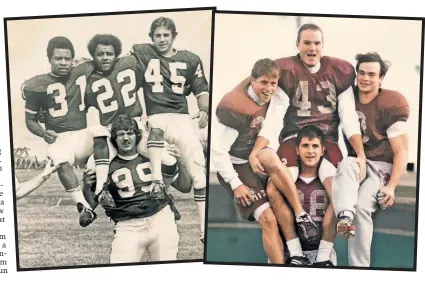  ?? Photos courtesy of Judge Family ?? FAMILY MAN: Joe Judge lost his father Joseph (opposite page, on left, with wife Denise and son Joe) in July 2017. Joseph played college football at Temple, where he posed at the center of a photo with teammates (far left), a pose recreated years later by Joe at Mississipp­i State (immediate left). Joe’s friend Frank Panariello (below with Joe at Fenway Park) was practicall­y a part of the family.