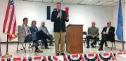  ?? [PHOTO BY CHRIS CASTEEL, THE OKLAHOMAN] ?? Lt. Gov. Todd Lamb speaks Saturday to Logan County Republican­s in Guthrie at an event featuring six candidates for the GOP gubernator­ial nomination. Seated, from left to right, are Kevin Stitt, Dan Fisher, Gary Jones, Mick Cornett and Gary Richardson.