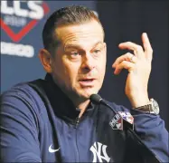  ?? Kathy Willens / Associated Press ?? Yankees manager Aaron Boone speaks at a news conference on Monday.