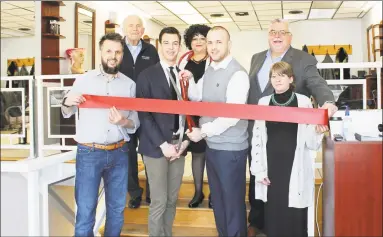  ?? Contribute­d photo ?? Officials gathered for the grand opening of MC Barber at 346 Main St. Middletown, last week. From left are owner and barber/school educator Merhan Cecunjanin, Chamber President Larry McHugh, Mayor Ben Florsheim, Central Business Bureau Chairwoman Pam Steel, owner and school director Admir Cecunjanin, Chamber Chairman Don DeVivo and Barber Rebecca Thomas.