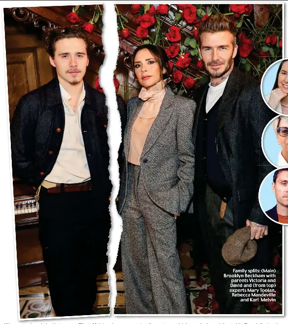  ?? ?? Family splits: (Main) Brooklyn Beckham with parents Victoria and David and (from top) experts Mary Toolan, Rebecca Mandeville and Karl Melvin