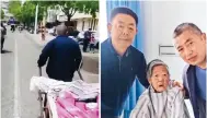  ?? Photo: Weibo ?? The two brothers pulled a cart to carry their frail mother for 36km because convention­al forms of transport make her very ill.