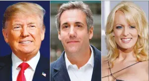  ?? AP PHOTO ?? This combinatio­n photo shows, from left, President Donald Trump, attorney Michael Cohen and adult film actress Stormy Daniels. Cohen has been ordered to appear in federal court in New York, Monday.