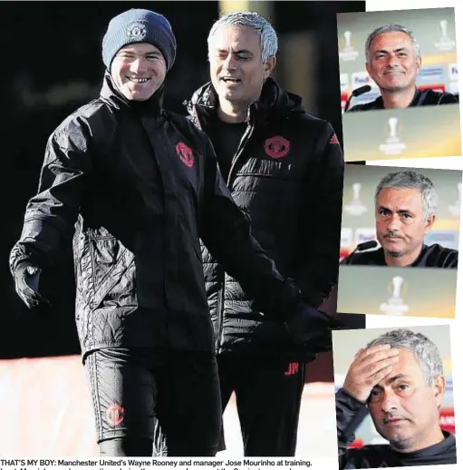  ??  ?? THAT’S MY BOY: Manchester United’sWayne Rooney and manager Jose Mourinho at training. Inset: Mourinho ponders questions during the press conference at the Carrington complex