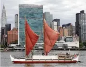  ?? Associated Press file ?? The traditiona­l Polynesian voyaging canoe Hokulea wrapped up a 40,000-mile trip around the world guided only by the stars, waves, wind and birds.