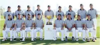  ??  ?? JERSEY CITY: Members of the US Team pose for a photo prior to practice rounds for the Presidents Cup at Liberty National Golf Club yesterday in Jersey City, New Jersey. — AFP