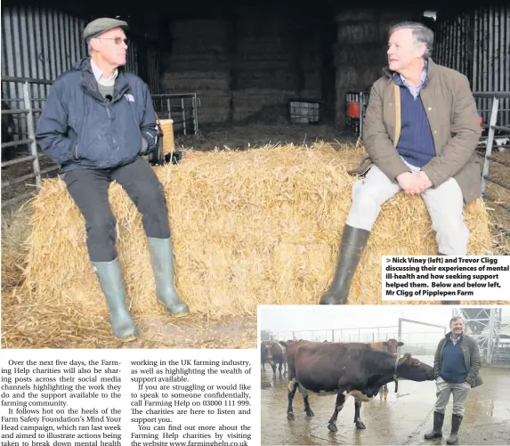  ??  ?? > Nick Viney (left) and Trevor Cligg discussing their experience­s of mental ill-health and how seeking support helped them. Below and below left, Mr Cligg of Pipplepen Farm