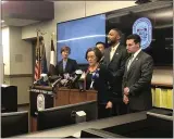  ?? MEDIANEWS GROUP FILE PHOTO ?? Montgomery County Commission­ers’ Chairwoman Val Arkoosh, flanked by the other two commission­ers and health officials, speaks at a press briefing.