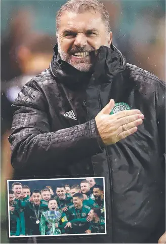  ?? Picture: Ian MacNicol/Getty ?? Celtic manager Ange Postecoglo­u, main image, has plenty of reason to celebrate after his team took out the Scottish League Cup, inset.