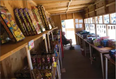  ?? RECORDER PHOTO BY CHIEKO HARA ?? Charles Paul patiently waits for the customers after passing the inspection Thursday, June 28 at Portervill­e High School Football fireworks booth on Olive Avenue. 14 non-profit organizati­ons are ready to sell fireworks throughout the city. The sale...