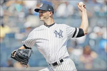  ?? Kathy Willens / Associated Press ?? Yankees starting pitcher J.A. Happ threw onehit ball over six scoreless innings against the Athletics on Sunday afternoon at Yankee Stadium. Happ struck out five and walked four.