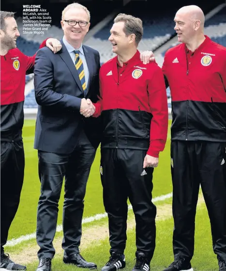  ??  ?? WELCOME ABOARD Alex McLeish, second left, with his Scots backroom team of James McFadden, Peter Grant and Stevie Woods GIVING YOUTH A CHANCE Jason Cummings got call