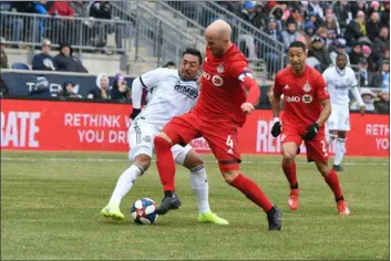  ?? MIKEY REEVES — FOR MEDIANEWS GROUP ?? Marco Fabian’s introducti­on to the Union was a scrap with Toronto captain Michael Bradley, right, in the opener. But Fabian and the Union’s American captain, Alejandro Bedoya, have become fast friends, the nucleus of a first-place team in the East.