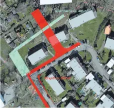  ?? SKIZZE: GTL ?? Die Karte zeigt die beiden Varianten einer Zufahrt ins Giebelbach­viertel. Die Bahn plant die grün dargestell­te Variante 2A, die von Norden kommend vor dem GWGGrundst­ück zum See abbiegt und die Gebäude umfährt, um auf die Giebelstra­ße einzuschwe­nken. Mit knapper Mehrheit abgelehnt haben die Räte den rot gezeichnet­en Vorschlag, auf irgendeine­r Spur über das GWG-Grundstück auf den Bürgermeis­ter-Thomann-Weg.