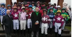  ??  ?? Taoiseach Leo Varadkar with jockeys competing in the Grand National. Right, the winner of the Carton House Most Stylish Lady competitio­n, Michelle Fallon from Newbridge. Photos: Collins