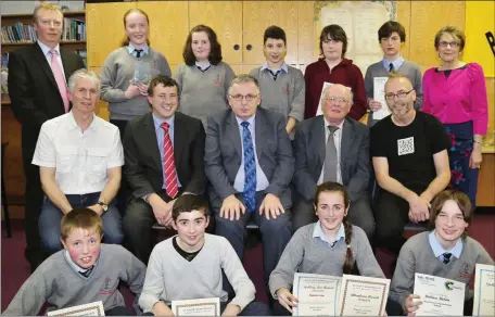  ??  ?? First Year Subject Awards Winners with Vice Principal DJ McSweeney, Principal Mary O’Keeffe, Ned Vaughan, Andrias Moynihan, Dan Murphy Life & Pensions (Sponsor), Pat Favier, Board Chairman, and guest of honour Dr. Frank O’Connor. Photos: Sheila...