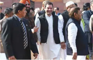  ??  ?? NEW DELHI: Congress party Vice-President Rahul Gandhi (center) leaves after meeting Indian President Pranab Mukherjee at the Presidenti­al Palace in New Delhi yesterday. India’s Vice-President M Hamid Ansari yesterday slammed lawmakers on the last day...