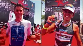  ??  ?? Ci-dessus, les deux vainqueurs du jour : Sylvain Sudrie et Céline Bousrez. Au total, ils étaient près de  à s’élancer sur les deux formats cumulés, dans ce TriGames géant organisé par l’US Cagnes Triathlon. (Photos JacVan - Activ’images)