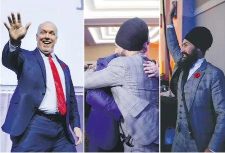  ??  ?? Premier John Horgan, left, and newly elected federal NDP Leader Jagmeet Singh arrive — and embrace — at the B.C. NDP convention at the Victoria Conference Centre on Saturday. The convention continues today.