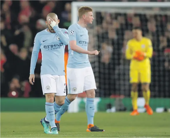  ?? Reuters ?? Wednesday’s Uefa Champions League quarter-final first leg did not go the way David Silva, left, Kevin de Bruyne and their Manchester City teammates imagined, but they will quickly have a chance at redemption on Saturday when they host Manchester United...