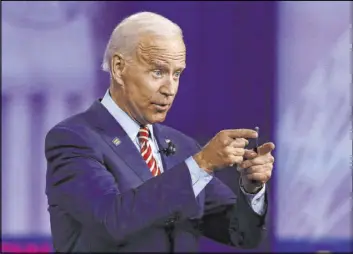  ?? Marcio Jose Sanchez The Associated Press ?? Former Vice President Joe Biden, a 2020 Democratic presidenti­al candidate, speaks during the Power of our Pride Town Hall in Los Angeles on Thursday.