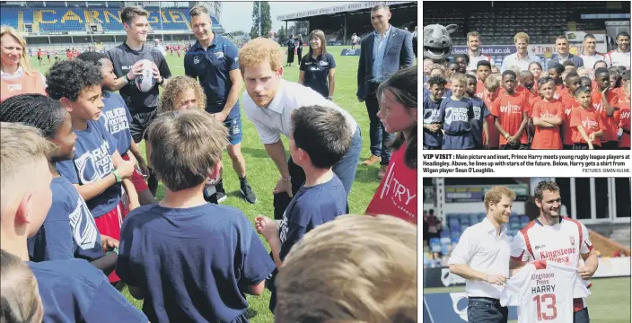  ?? PICTURES: SIMON HULME. ?? Main picture and inset, Prince Harry meets young rugby league players at Headingley. Above, he lines up with stars of the future. Below, Harry gets a shirt from Wigan player Sean O’Loughlin. VIP VISIT :
