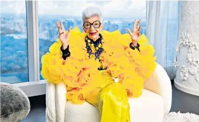  ?? ?? Iris Apfel, above, at her 100th birthday party in 2021 and, below, with husband Carl: together they created the textile company Old World Weavers