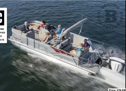  ??  ?? SPECS: LOA: 23'10" BEAM: 8'6" DRAFT: 1'8" DRY WEIGHT: 2,100 lb. SEAT/WEIGHT CAPACITY: 12/1,650 lb. FUEL CAPACITY: 60 gal.
HOW WE TESTED: Evinrude E-Tec G2 two-stroke 250 hp DRIVE/PROP: Outboard/15.25" x 17" BRP Evinrude Rebel 3-blade stainless steel GEAR RATIO: 1.85:1 FUEL LOAD: 25 gal. CREW WEIGHT: 400 lb.