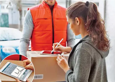  ??  ?? Wie auf den Symbolbild­ern sollte es eigentlich ablaufen: Ein Bote übergibt ein Paket an die Empfängeri­n, die die Zustellung bestätigt.