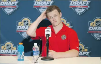  ?? Bruce Bennett/Getty Images ?? Jack Eichel answers questions at an NHL top prospects media opportunit­y on Thursday.