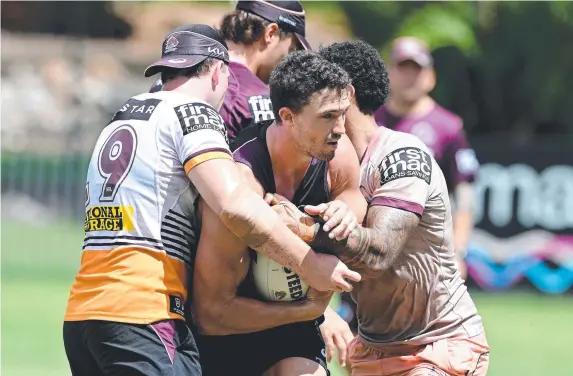  ?? ?? Veteran winger Corey Oates, here putting in the hard yards at Broncos training, is on track to start the club’s season-opener in the US. Picture: Bradley Kanaris/Getty Images