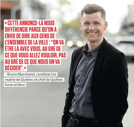  ?? PHOTO STEVENS LEBLANC ?? Pour sa première annonce électorale, le candidat à la mairie Bruno Marchand a choisi la rue Racine, où il veut injecter des sommes pour rendre l’artère marchande plus conviviale.