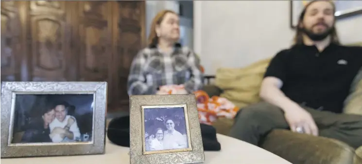  ?? IAN KUCERAK ?? Maria Chaves-Turbide and her son Tom Ferreira, right, talk about the death of her husband Frederick Turbide, pictured in photos with Maria on the table of the couple’s Edmonton home. He died by suicide after losing more than $300,000 in the murky world...