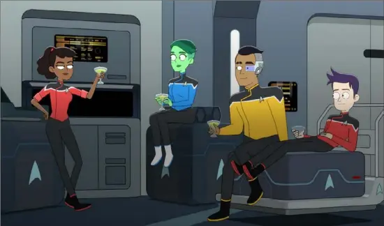  ?? CBS All Access ?? Ensign Mariner, left, is voiced by Tawny Newsome, Ensign Tendi by Noël Wells, Ensign Rutherford by Eugene Cordero and Ensign Boimler by Jack Quaid on the CBS All Access original series “Star Trek: Lower Decks.”