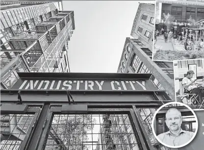  ?? ?? Andrew Kimball (inset), chief executive of privately owned Industry City, says the complex (left, with views inside the courtyard, top, and outside the yard, above) is more than 80 percent full, with new arrivals such as Porsche and Volvo.