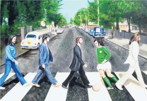  ??  ?? Abbey memories: The artwork featuring George Best and the Beatles by Billy Mawhinney. Below: George with his sister Barbara