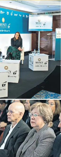  ?? ?? O presidente da Associação Portuguesa de Bancos, Vítor Bento, e a nova presidente do Banco de Fomento, Celeste Hagatong, assistiram atentament­e à conferênci­a.
