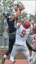  ?? Steven Eckhoff / RN-T ?? Berry’s Trey Ciresi (83) gets his hands in front of Huntingdon’s Demetrius Beverly (9) to catch a touchdown pass during the second quarter.