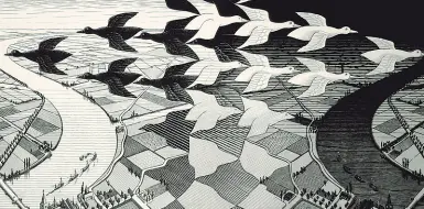  ??  ?? Fantasie Maurits Cornelis Escher «Giorno e notte» (1938), una delle opere in mostra al Salone degli Incanti