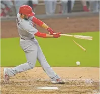  ?? GREGORY BULL/ASSOCIATED PRESS ?? The Cardinals’ Paul DeJong breaks his bat as he grounds out Friday in Game 3 of the NL wild-card series against the Padres in San Diego. The Padres won a postseason series for the first time in 22 years.