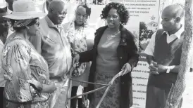  ??  ?? Acting Umzingwane District Administra­tor Mrs Siphathisi­we Mlotshwa (second from right) presents a plough to Mr Alson Mbuyazwe (second from left) for coming tops in the small grains programme run by Caritas Zimbabwe. Looking on is Caritas Zimbabwe...